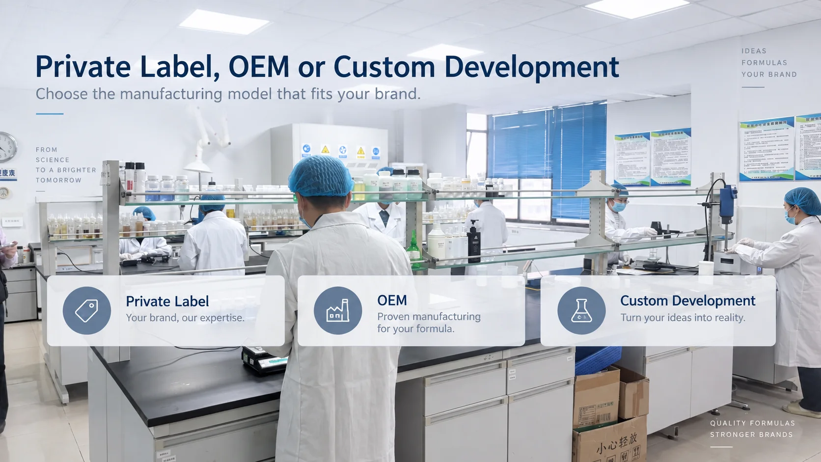 Scientific laboratory with team of researchers in white lab coats working with equipment, showcasing private label, OEM, and custom development solutions.